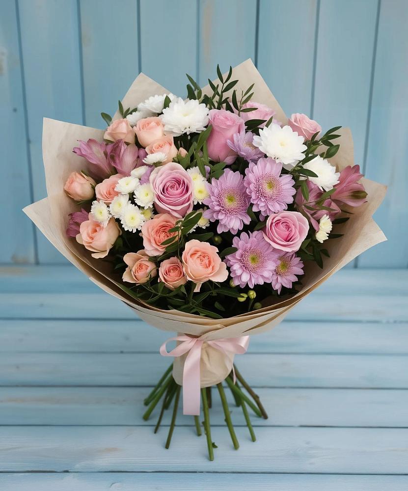 Букет цветов из: Хризантемы, Розы и Альстромерии в Мелиховской
