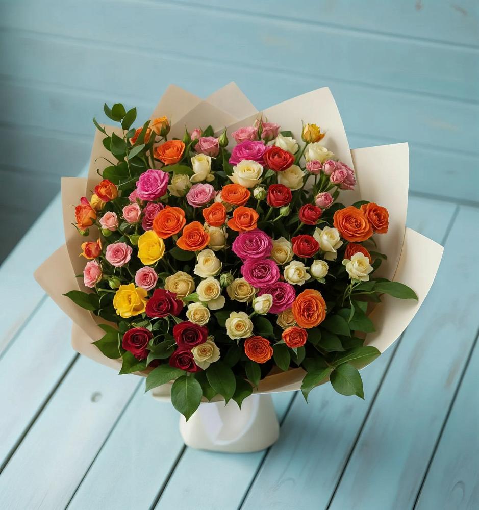 Букет Микс из разноцветных кустовых роз в Мелиховской