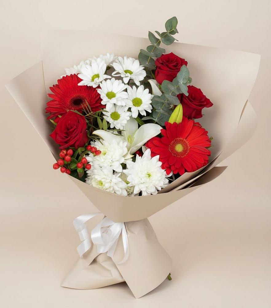 Букет цветов из: Розы, Хризантемы, Герберы и Лилии в Мелиховской