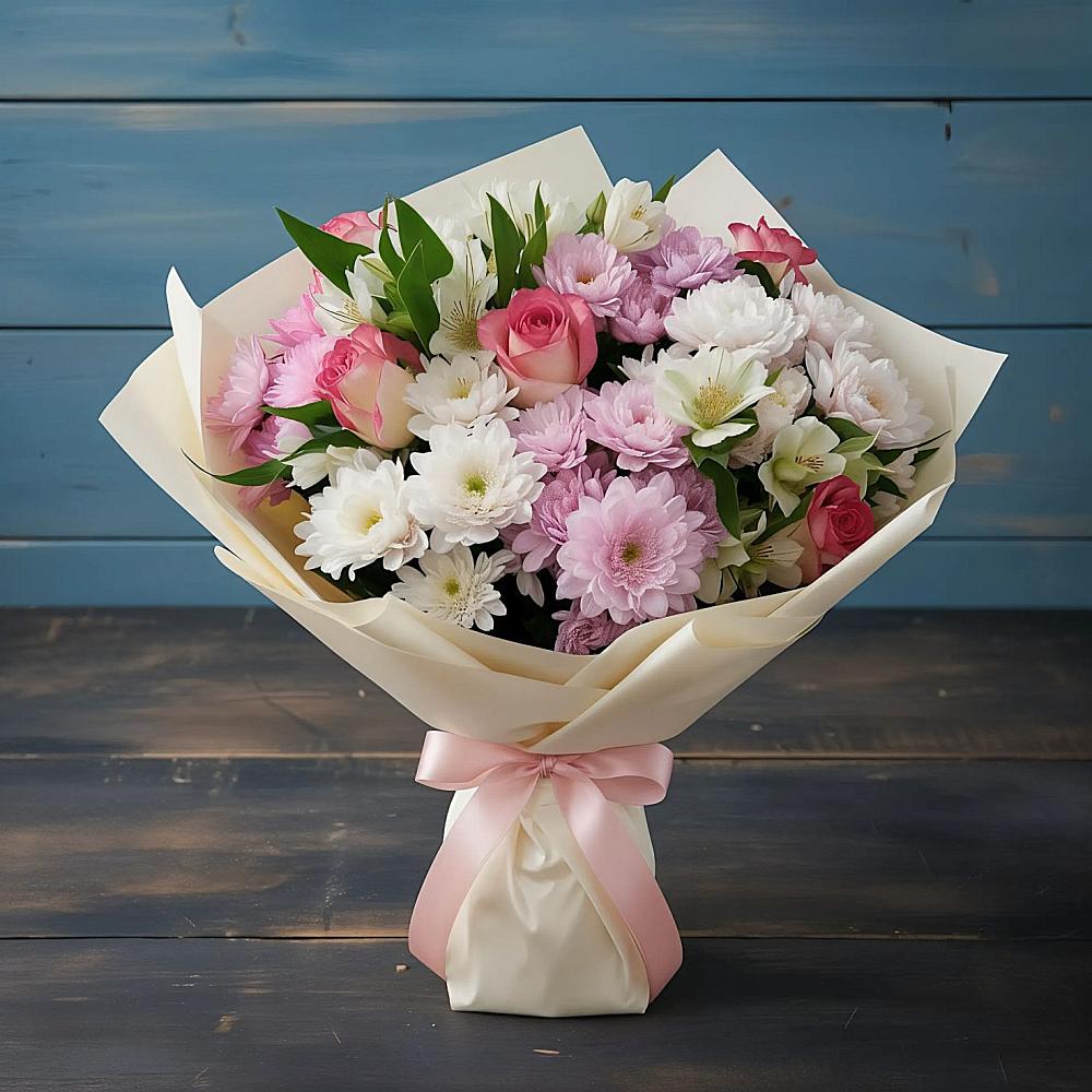 Букет цветов из: Хризантемы, Альстромерии и Розы в Мелиховской